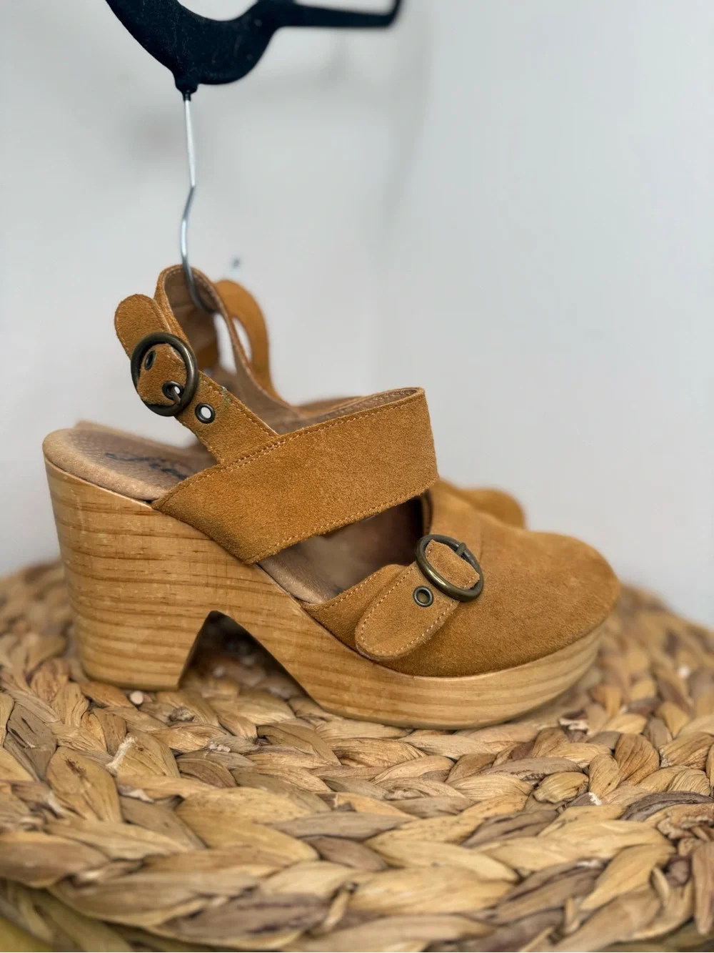 Free People Clogs Park Circle Suede Clog camel tan wooden heel lagenlook